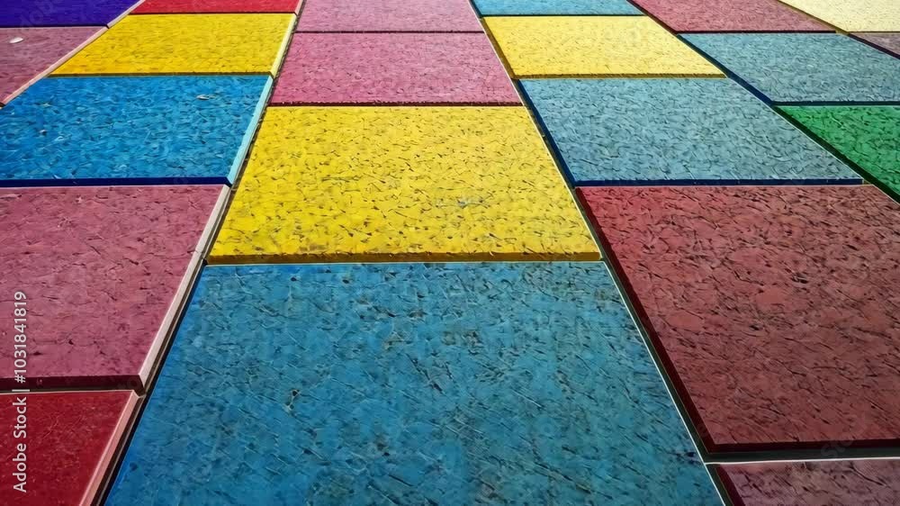 Poster a colorful, textured floor made of square tiles in a diagonal pattern