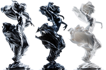 PNG, transparent background, isolated  three sculptures of a ballerina in a dress	