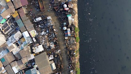 Ghana, Accra,   AGBOGBLOSHIE drone view Odaw River the largest landfill illegal dump in Africa for...