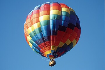 Naklejka premium A vibrant hot air balloon floats gracefully against a clear blue sky during a sunny afternoon, offering a breathtaking view from above