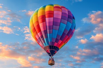 Naklejka premium Colorful hot air balloon floating against a vibrant sky during sunset in a stunning landscape
