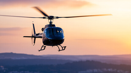 helicopter flying at sunset