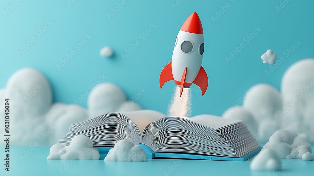 Poster 3d illustration of rocket taking off open book symbolizing education and exploration set against a m