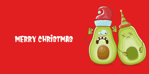 Merry chirstmas vector funky greeting horizontal banner or card with santa claus avocado character and his elf friend on red background. Vector funny christmas party poster design template