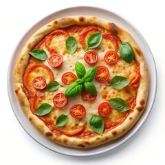 tasty margarita pizza with tomatoes, mozzarella, basil isolated on white background, Italian food concept