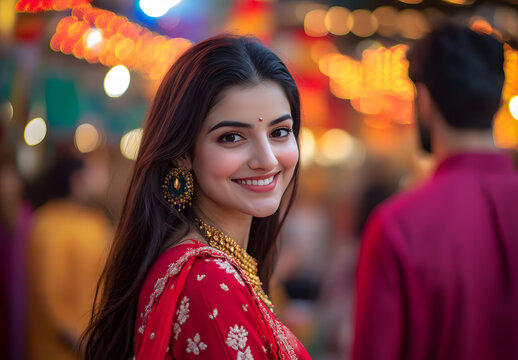 Portrait of a beautiful Indian woman smiling in a red suit with long hair and a handsome indian man smiling in a red suit with short hair