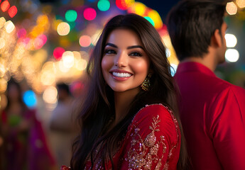 Portrait of a beautiful Indian woman smiling in a red suit with long hair and a handsome indian man smiling in a red suit with short hair