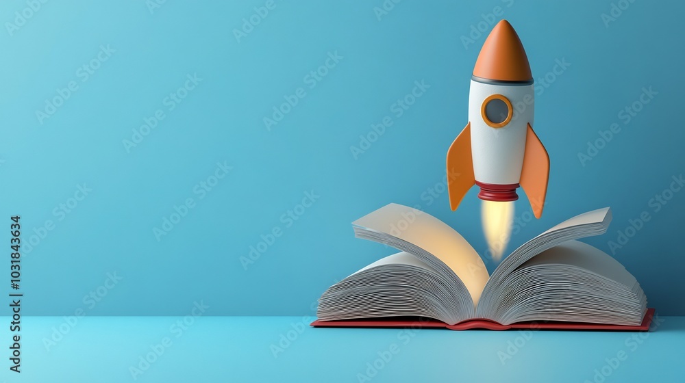 Poster 3d illustration of rocket taking off open book symbolizing education and exploration set against a m