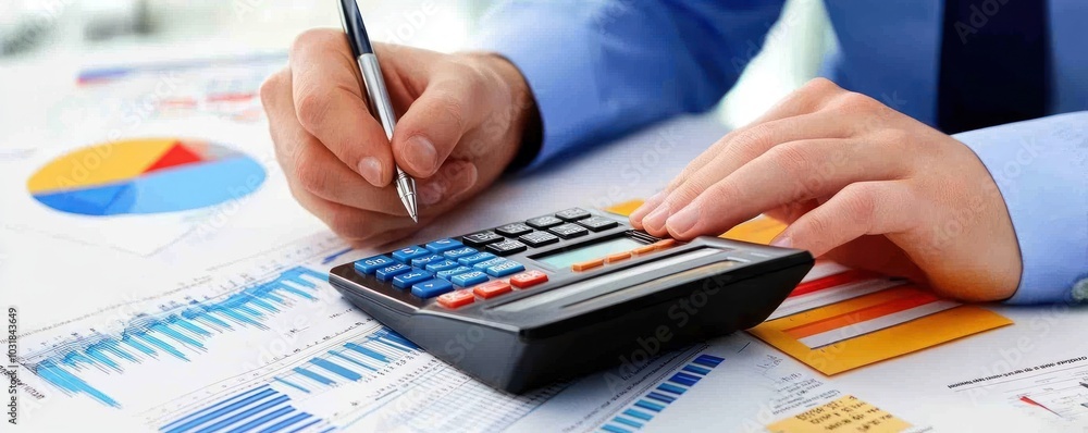 Poster business analyst calculating financial data with calculator and pen on graph papers