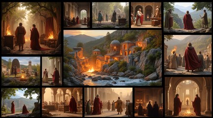 Fototapeta premium Artistic collage of historical scenes with figures in robes near ancient architecture and landscapes 