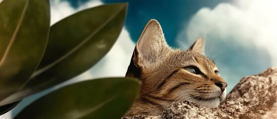 Fototapeta premium A cat, nose close to a rock, rests near a leafy plant Blue sky dominates the background