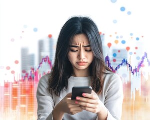 Fototapeta premium Asian woman gripping her phone, worried expression, stock market collapse in the background, pure white background, panic sell theme