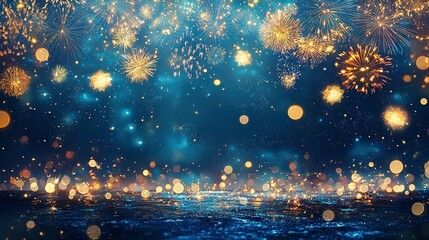 2025 New Year's Eve party banner featuring fireworks lighting up a rustic dark blue night sky, perfect for festive celebrations