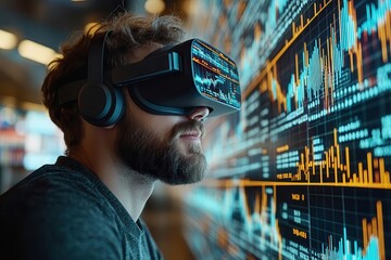 Man with VR headset analyzing virtual data and graphs in a modern tech environment, illustrating digital innovation and technology.