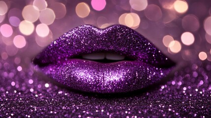 Close-up of Sparkly Purple Lips with Glitter Makeup, Perfect for Beauty and Glamour Concepts.
