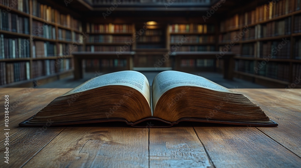 Poster 3d rendering of an open book in focus placed on a library table with blurred shelves of books in the