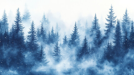 Fototapeta premium A watercolor painting of a snowy calm and wonder forest scene with pine trees and a snowy landscape
