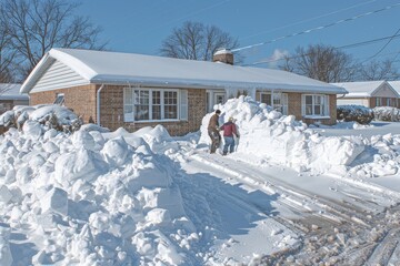 People clearing snow in front of a suburban house after a heavy winter storm during daylight hours