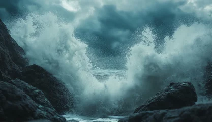Fototapete a stormy ocean wave crashing against rocks © Kritchanok