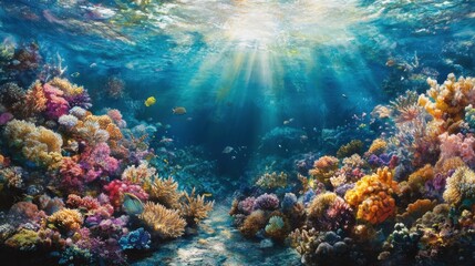 Fototapeta premium A coral reef illuminated by sunlight filtering through the water, with detailed marine life swimming among the colorful coral.