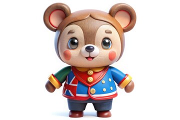 Fototapeta premium A cute animal mascot with round cheeks and a button nose, dressed in country-themed clothing with dominant colors. The playful, chibi-inspired design is simple and memorable, rendered in 3D against a 