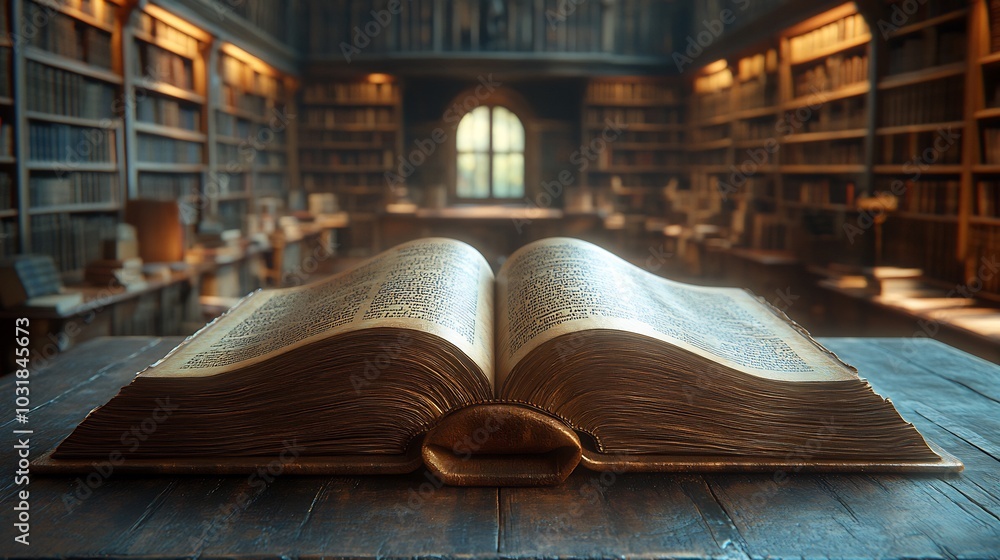 Poster 3d rendering of an open book in focus placed on a library table with blurred shelves of books in the