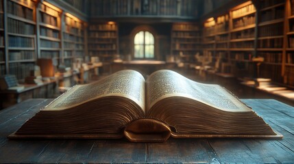 3d rendering of an open book in focus placed on a library table with blurred shelves of books in the background symbolizing learning and discovery on World Book Day in a peaceful environment