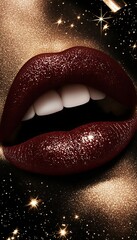 Close-up of Plump Lips With Dark Red Metallic Lipstick and Gold Sparkles, Beauty and Fashion