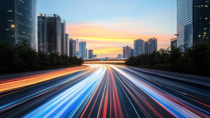 Fototapeta premium Urban Highway Light Trails at Sunset, Cityscape with Modern Buildings and Traffic Flow