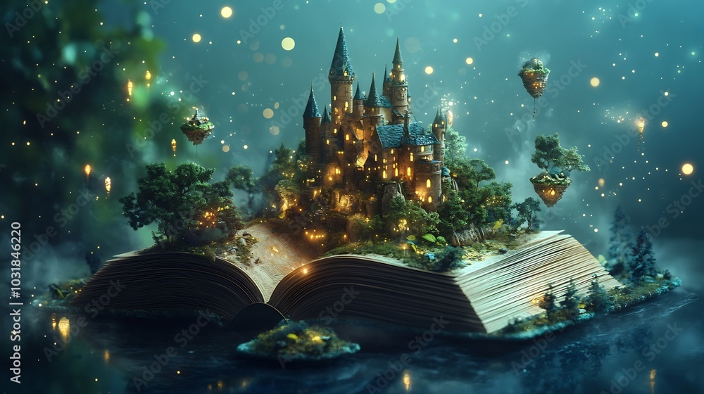 Poster 3d rendering of an open book with a fantasy castle rising from the pages surrounded by magical lands