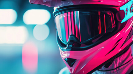 Fototapeta premium close up of motocross riders helmet visor, showcasing vibrant reflections and sleek design. striking colors and modern aesthetics evoke sense of excitement and adventure