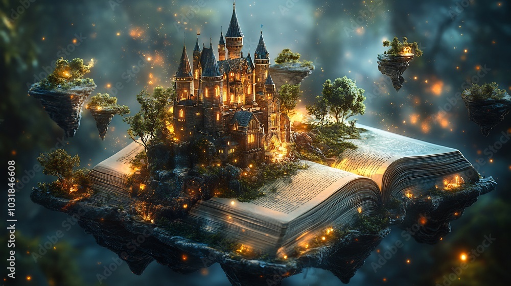 Poster 3d rendering of an open book with a fantasy castle rising from the pages surrounded by magical lands
