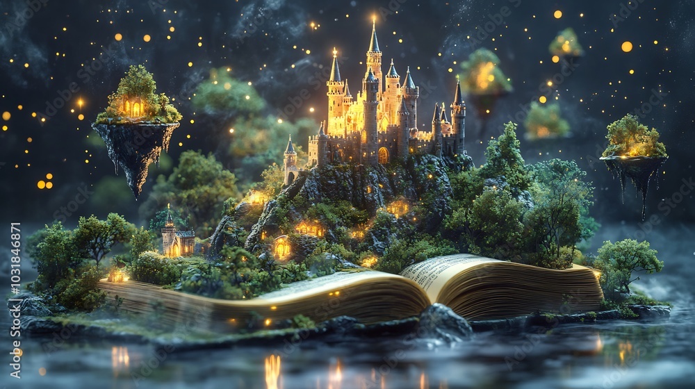 Poster 3d rendering of an open book with a fantasy castle rising from the pages surrounded by magical lands