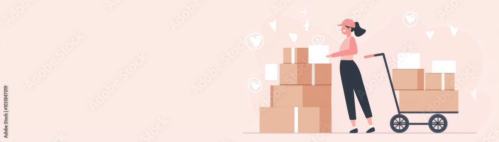 Poster worker with trolley full of boxes is preparing for delivery in cheerful environment. scene conveys s