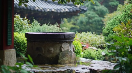 A detailed close-up of a traditional Korean well surrounded by stone and greenery.
