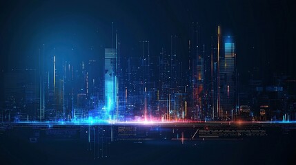 Urban skyline with glowing neon light effects, showcasing modern architecture and cutting-edge technology in a futuristic, digital design perfect for backgrounds.