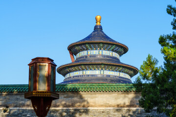 Overlooking the Hall of Prayer for Good Harvest through palace roof in the Temple of Heaven, a...