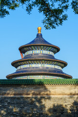 Overlooking the Hall of Prayer for Good Harvest through palace roof in the Temple of Heaven, a major landmark and travel destination in Beijing, China