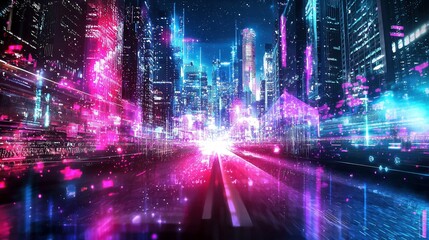 Fototapeta premium Urban skyline with glowing neon light effects, showcasing modern architecture and cutting-edge technology in a futuristic, digital design perfect for backgrounds.