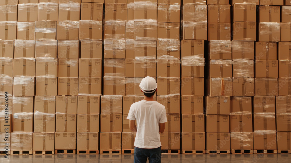 Poster worker stands in front of tall stack of cardboard boxes, preparing for organization and storage in w