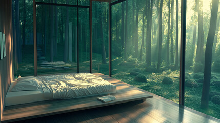 Modern minimalist bedroom with a low-profile platform bed, white bedding, and soft textures. Natural light filtering through large windows
