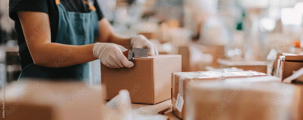 Poster worker using box cutter to open and inspect packages in busy warehouse. focused atmosphere highlight