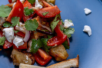 Salad with caramelized eggplant, cilantro, tomatoes and cream cheese on a blue plate with toasted bread on a gray background.