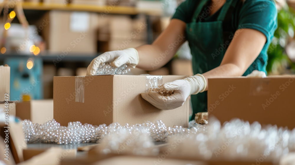 Poster worker carefully packing box with fragile items, ensuring safety and protection during shipping. wor