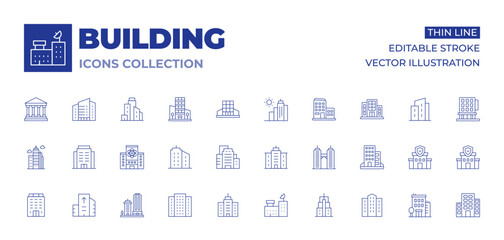 Building icons collection. Thin Line icons, editable stroke. polling place, real estate, office, building, headquarter, building trade, buildings
