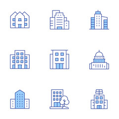 Building icons set. Line Duotone style, editable stroke. apartment, building, company, government, house, condominium, buildings
