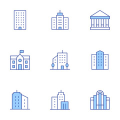 Building icons set. Line Duotone style, editable stroke. parliament, school, city, college, headquarter, buildings, building, building trade, office building