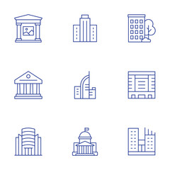 Fototapeta premium Building icons set. Thin Line style, editable stroke. apartment, building, company, government, skyscraper, museum, politics, shopping mall
