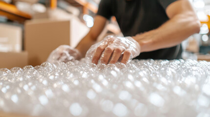 worker carefully uses bubble wrap to protect items in warehouse, showcasing attention to detail and importance of packaging