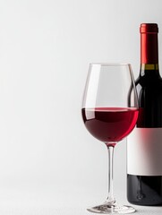 A single red wine bottle with a full glass of wine, isolated on a white background. Perfect for showcasing wine, beverage, alcohol, celebration, and elegance.